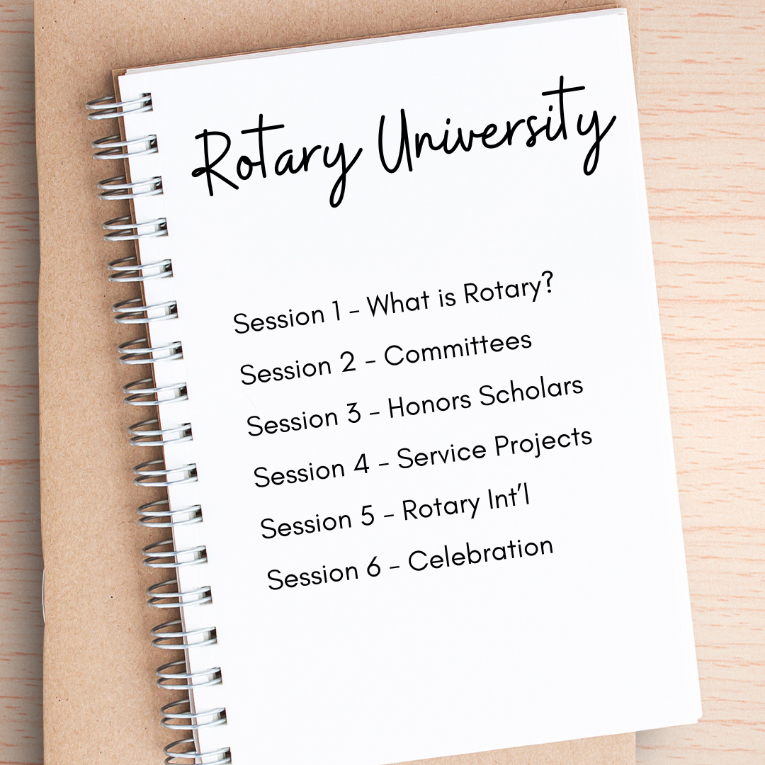 notebook with rotary university session topics written